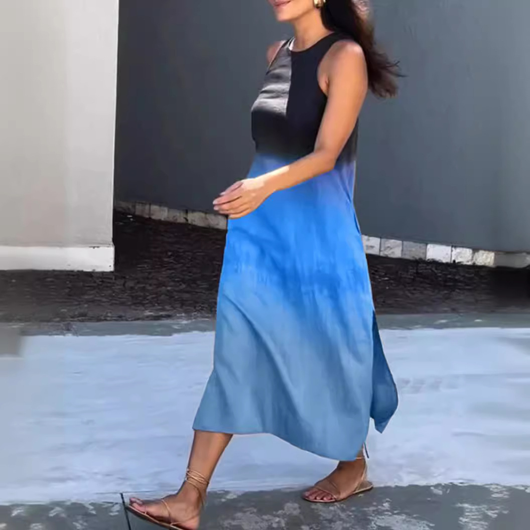 Women's Sleeveless Colorblock Print Round Neck Loose Dress