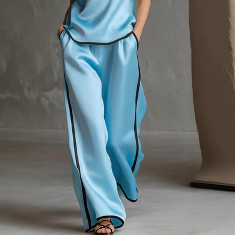 Sleeveless V-Neck Colorblock Top & Wide-Leg Pants Set