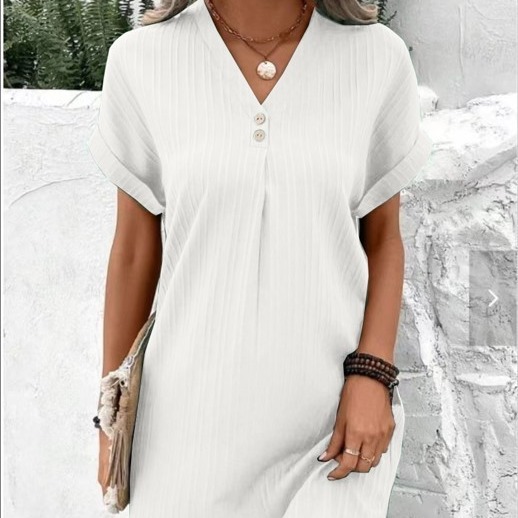Women's Solid Short Sleeve V-Neck Button Midi A-Line Dress