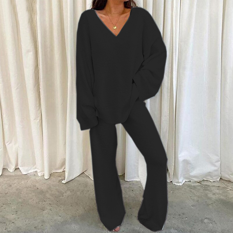 Women's Solid V-Neck Long-Sleeve Two-Piece Loungewear Set Warm Comfortable
