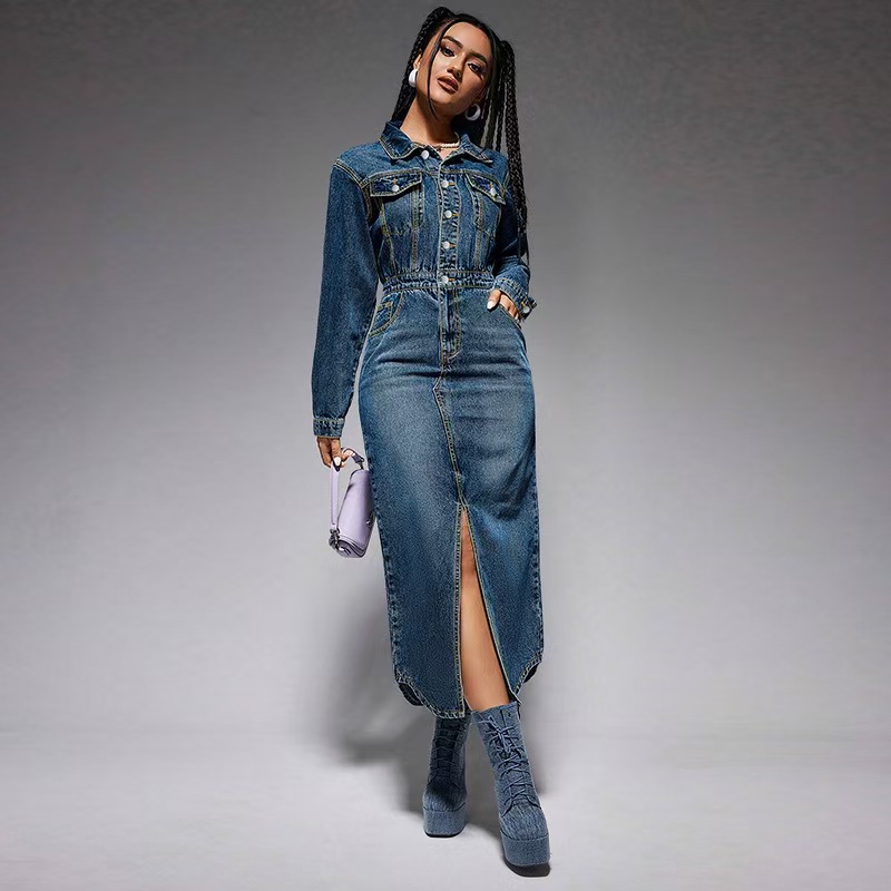 Retro Denim Long Sleeve Maxi Dress with Belt