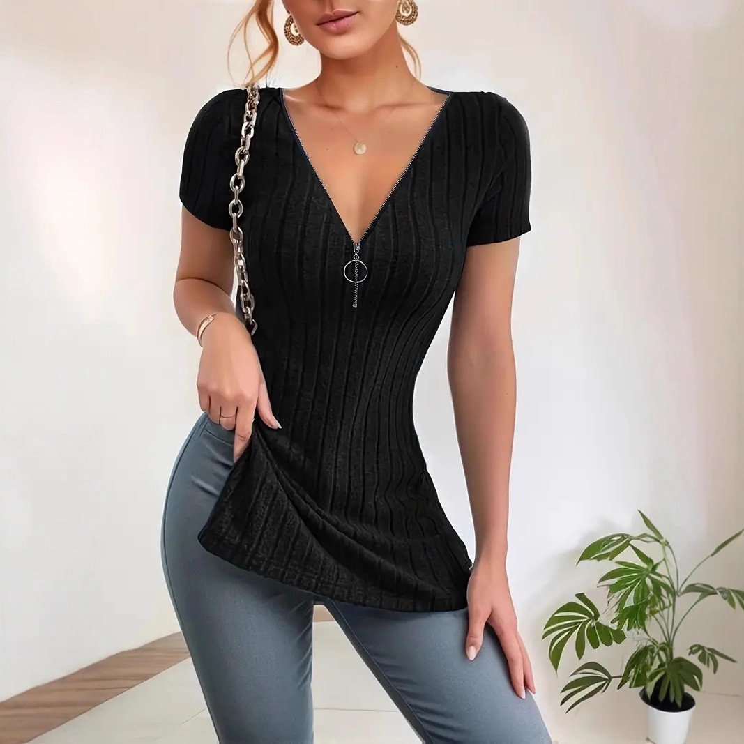 Women's Slim Fit Zip V-Neck Side Slit Ribbed Short Sleeve T-Shirt
