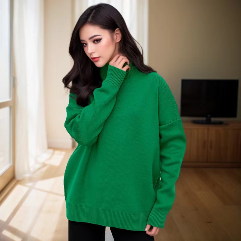 Women's Multi-Color Ribbed Turtleneck Knit Sweater Loose Lazy Style