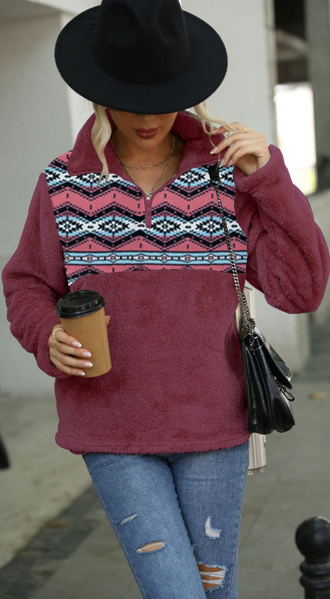 Fleece Print Half-Zip Pullover Hoodie with Pockets
