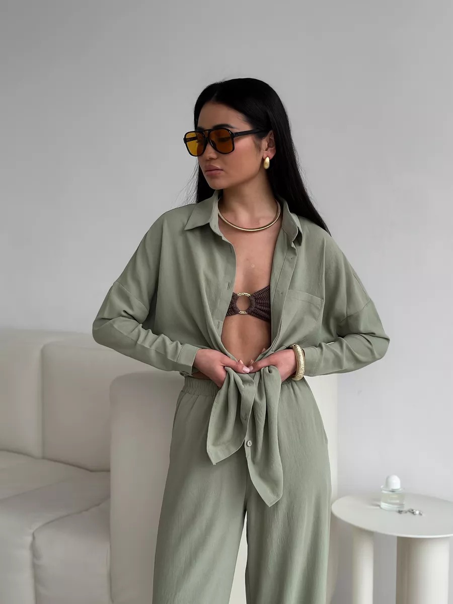Women's Solid Color Cardigan and Wide-Leg Pants Set with Pockets
