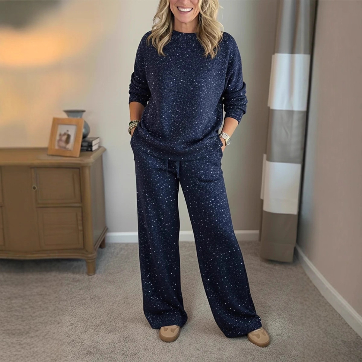 Women's Long-Sleeve Crewneck Top and Drawstring Pants Set