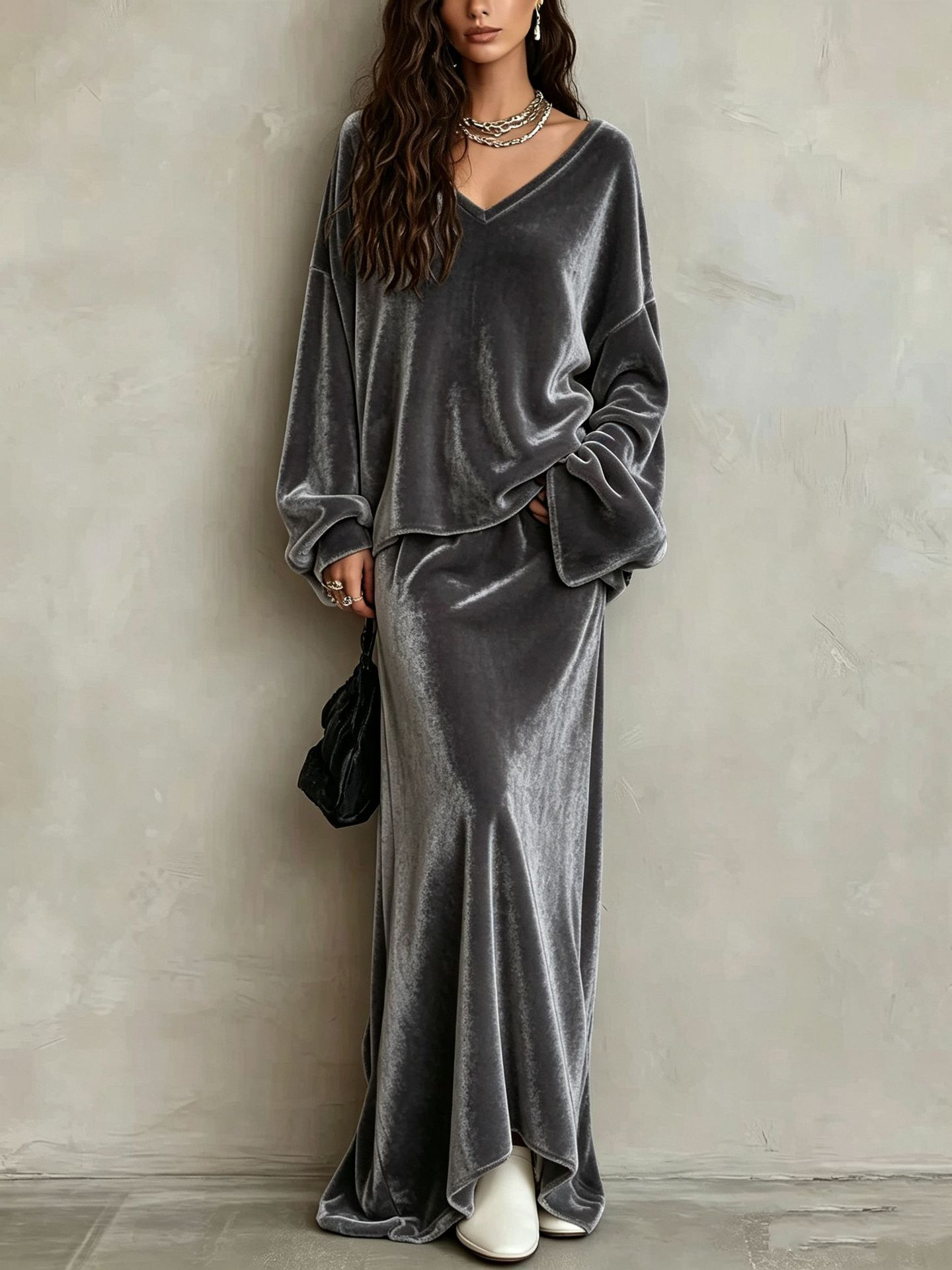 Solid Velvet V-Neck Long Sleeve Women's Skirt Set