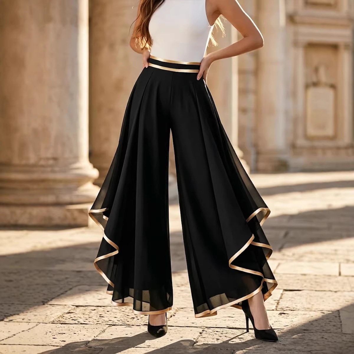 Women's Layered Chiffon Wide-Leg High-Waist Pants with Contrast Piping