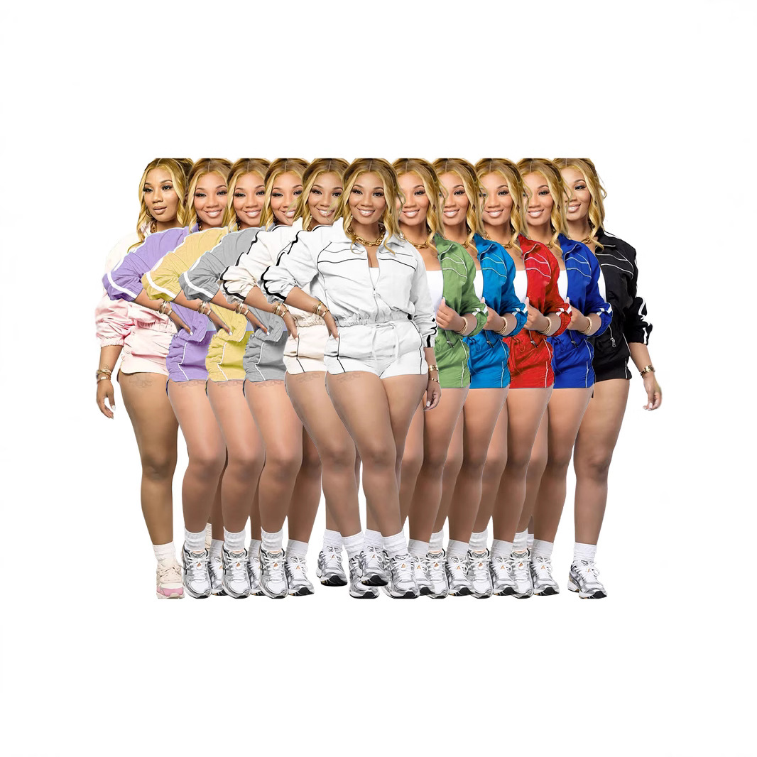 Women's Sexy Long Sleeve Zip Colorblock Ribbon Shorts Two-Piece Set