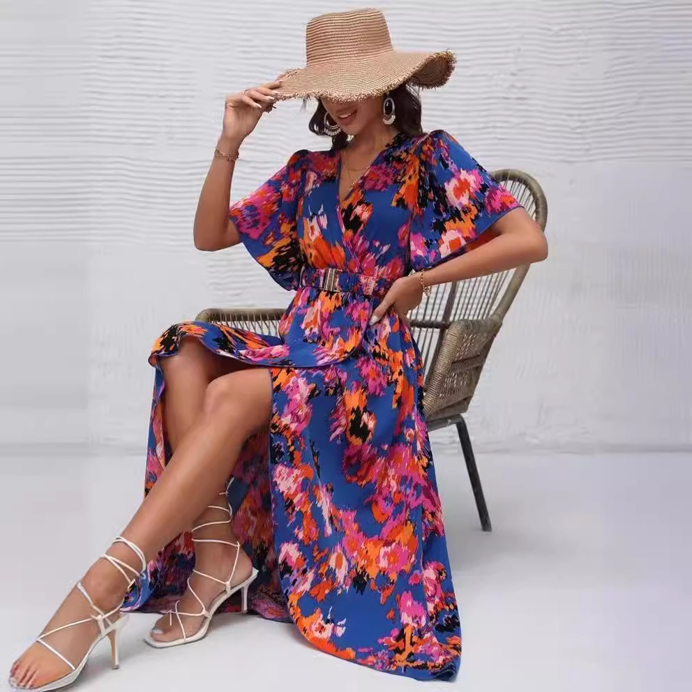 Women's Summer V-Neck Short Sleeve Irregular Hem Beach Dress