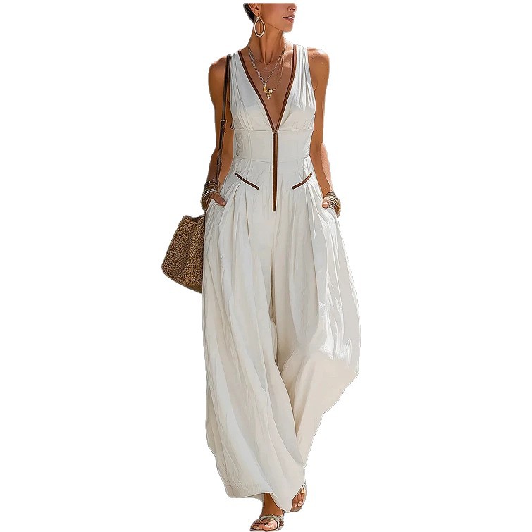 Elegant V-Neck Zip Waist-Cinching Sleeveless Jumpsuit