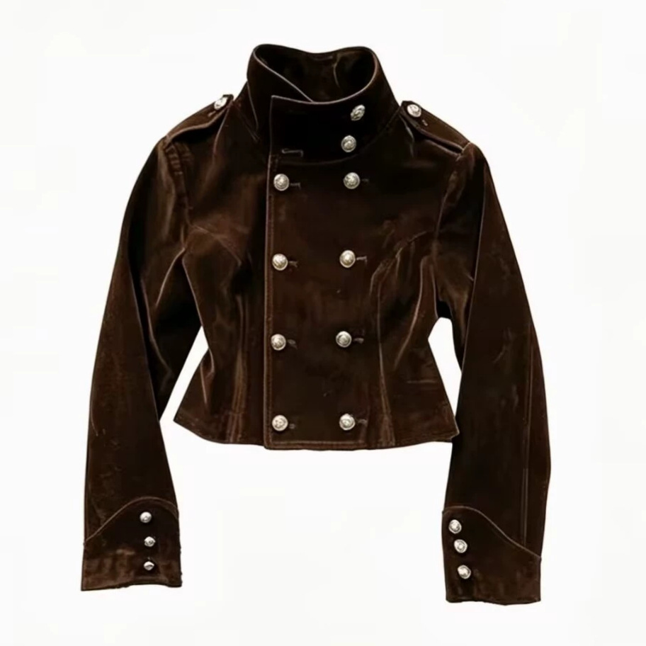 Women's Double-Breasted Tweed Jacket with Stand Collar