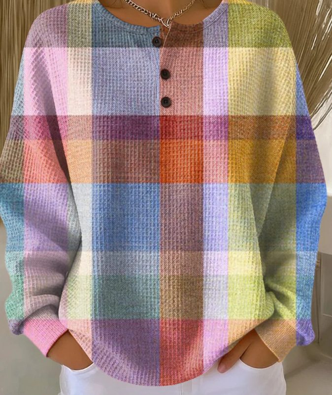 Women's Plaid Tree Floral Polka Dot Print Button Sweatshirt