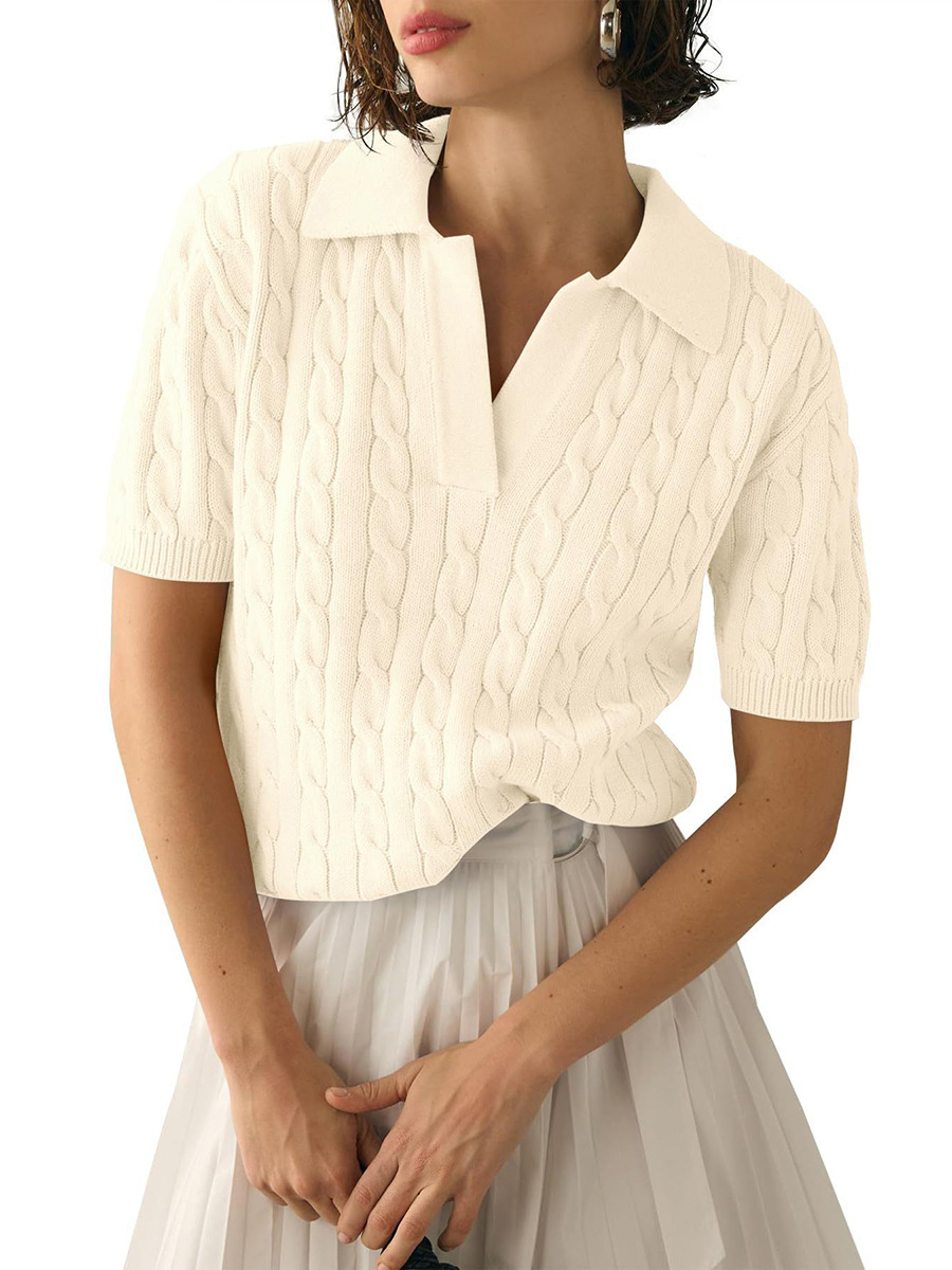 Women's Polo Collar Short Sleeve Cable Knit Sweater
