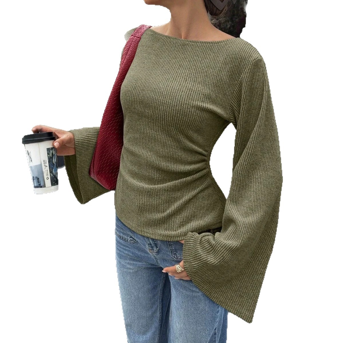 Slim Fit Knit Top with Round Neck and Flared Sleeves