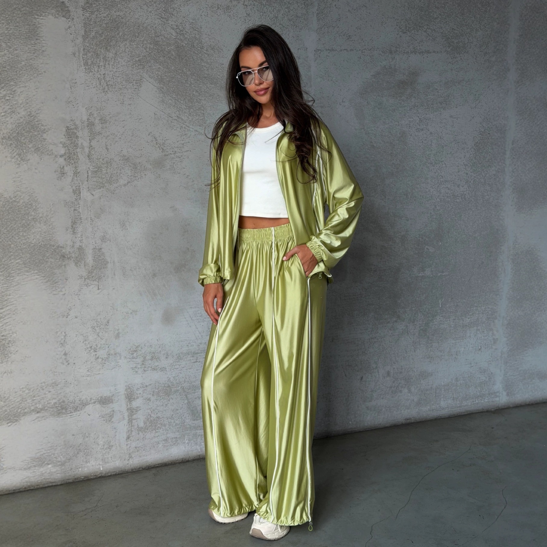 Satin Striped Double-Zip Oversize Women's Tracksuit