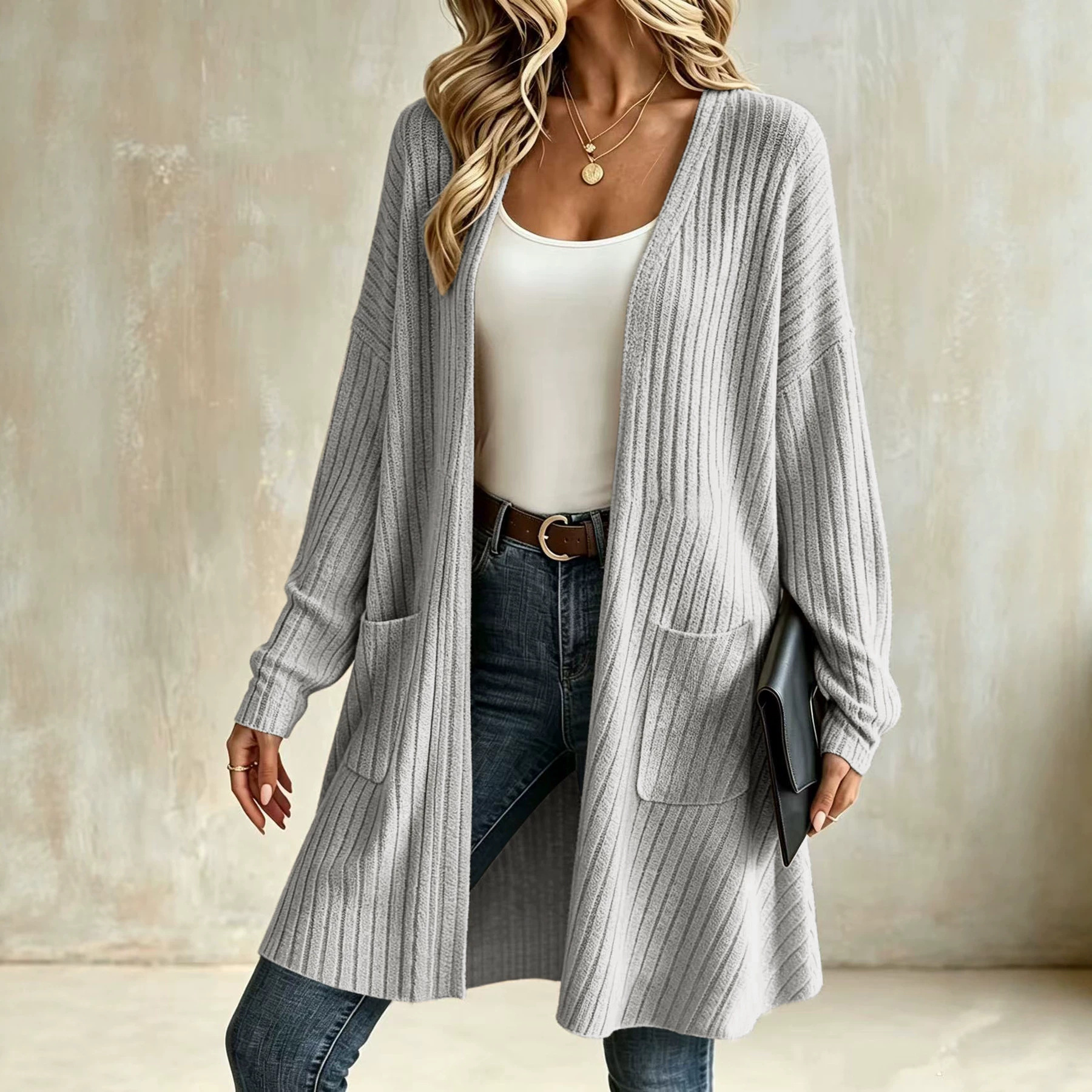 Ribbed Knit Cardigan Solid Color Casual Outerwear