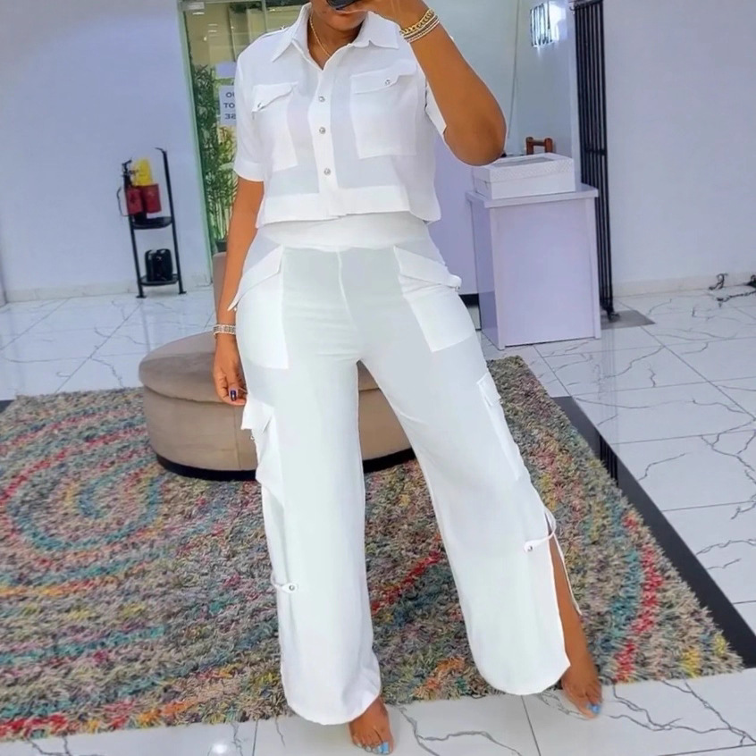 Women's High Neck Top and Multi-Pocket Patchwork Pants Casual Set