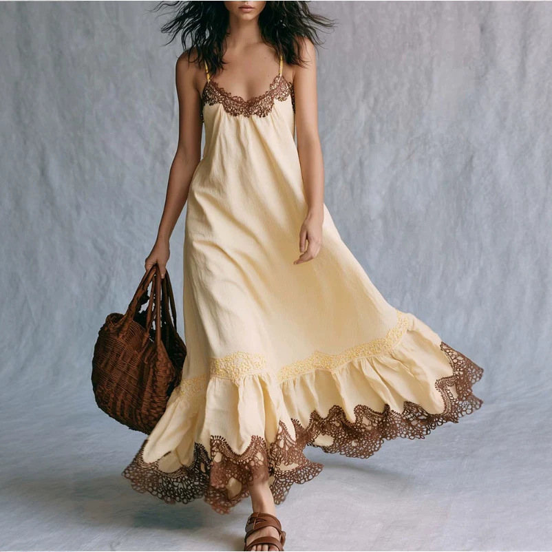 Bohemian Lace Trim Cami Long Dress Cream Yellow