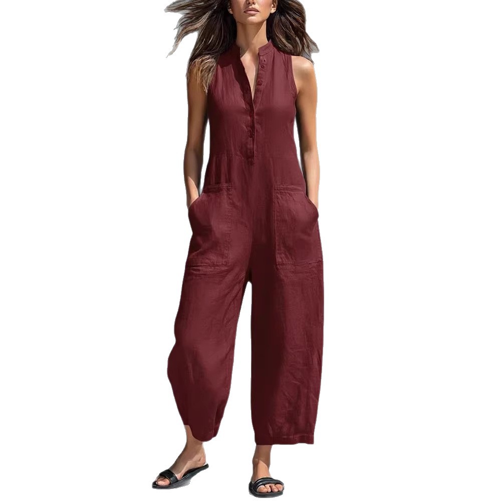 Women's Linen-Blend Button-Front Sleeveless Wide-Leg Jumpsuit