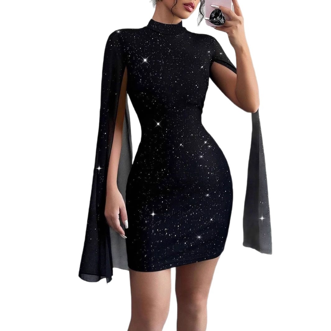 Women's Ribbed Pearl Chiffon Cape Bodycon Dress