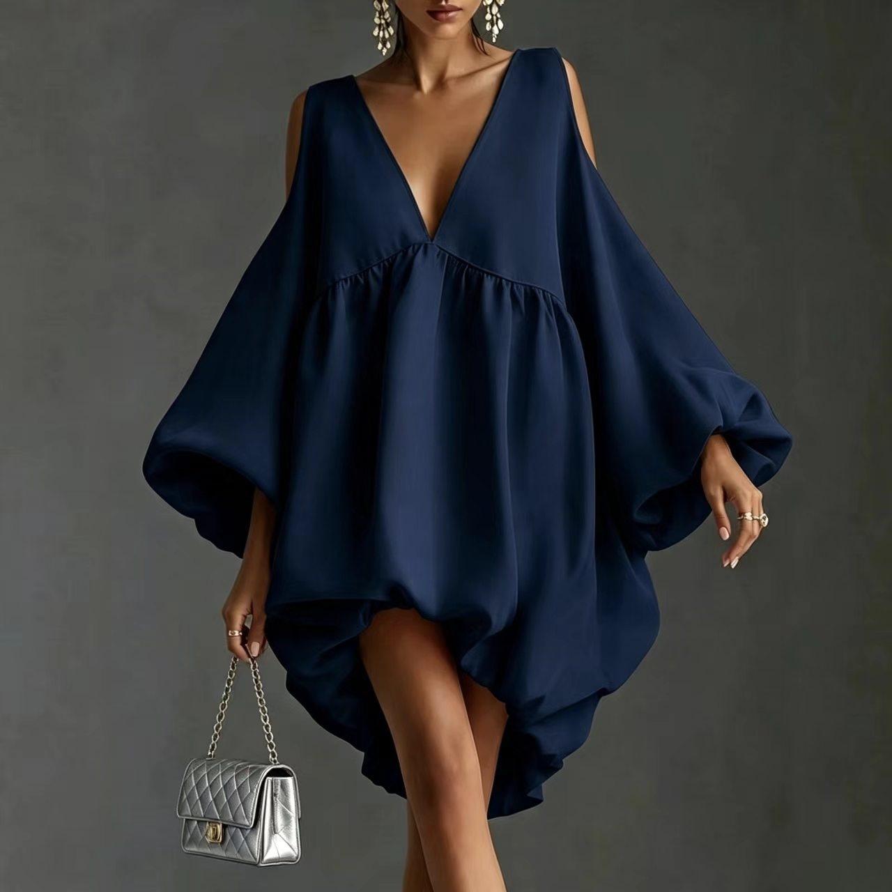 Deep V Off-Shoulder Lantern Sleeve Loose Babydoll Dress Asymmetrical