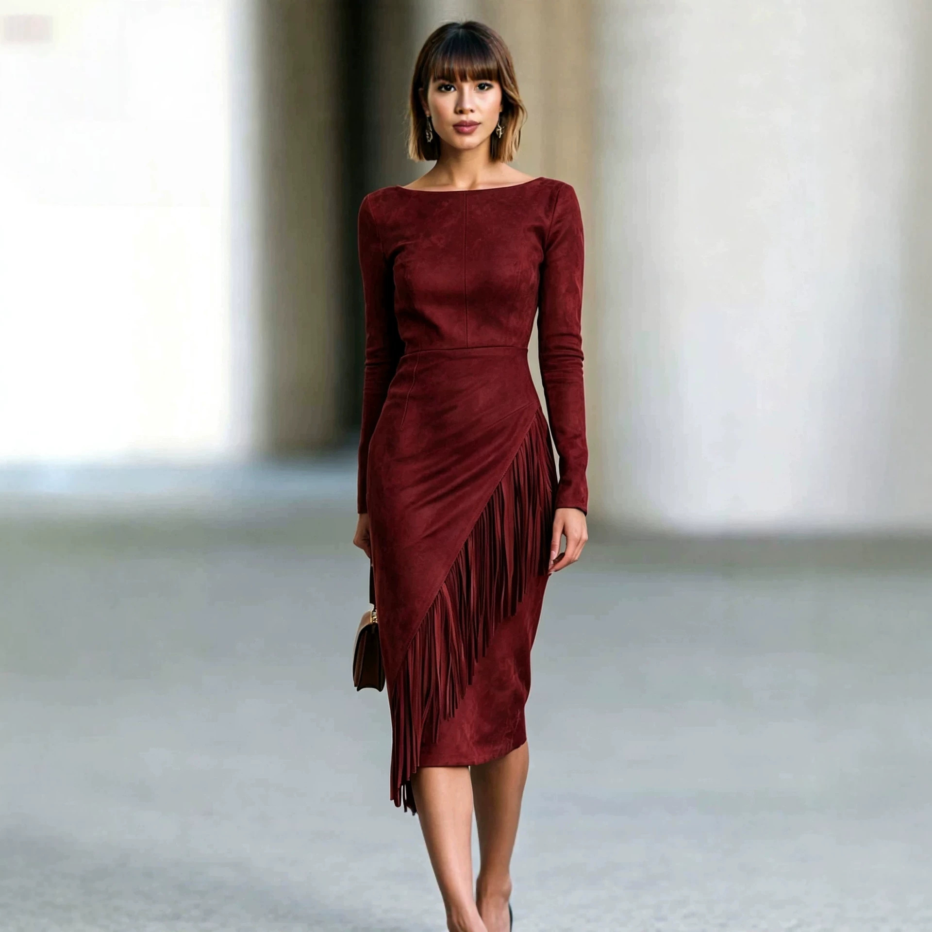 Bohemian Faux Suede Fringe Patchwork Long Dress