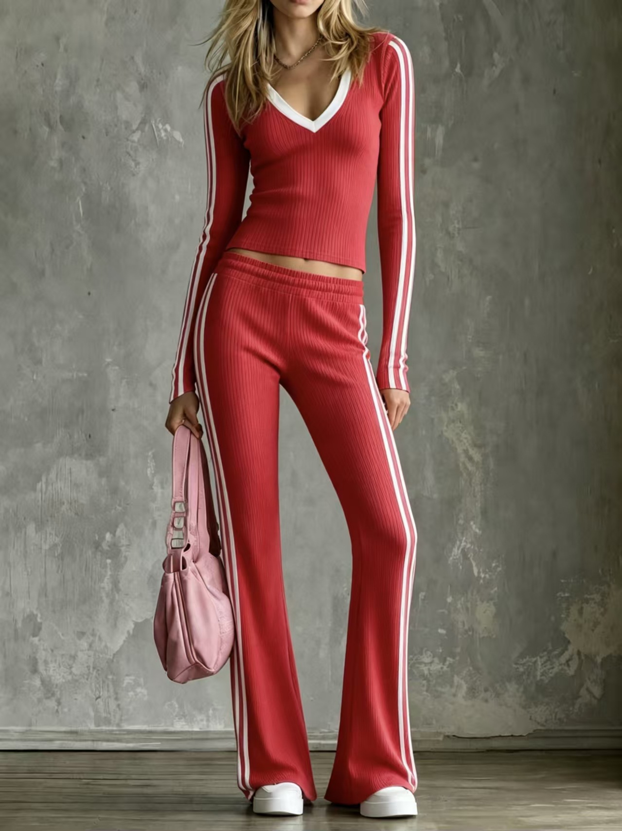 Women's V-Neck Color-Block Striped Ribbed Flared Pants Casual Two-Piece Set