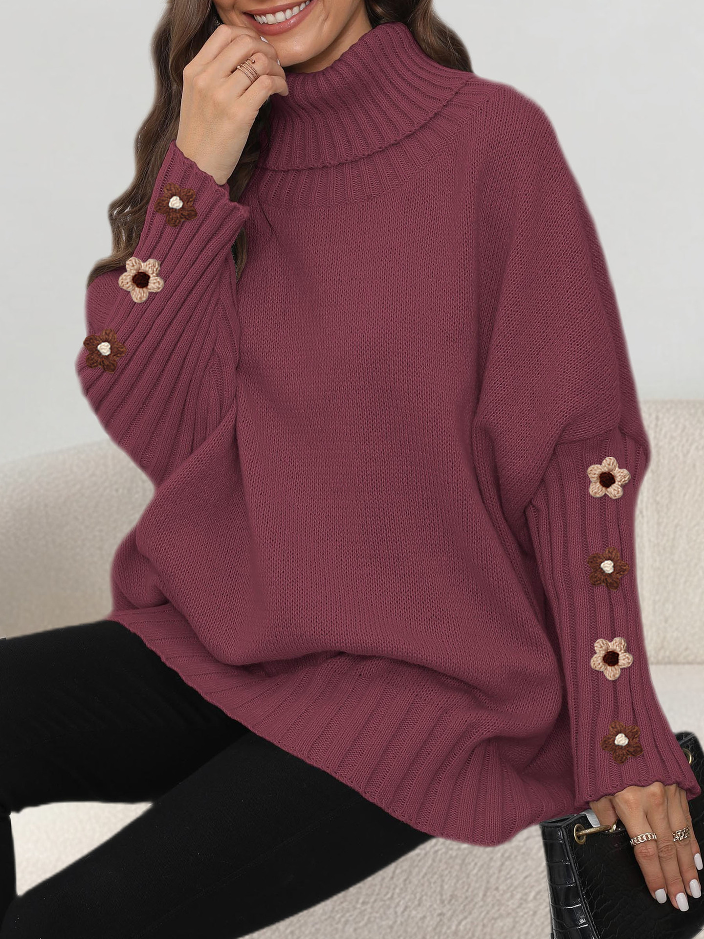 Women's Knit Turtleneck Sweater Solid Color Loose Fit Pullover Top