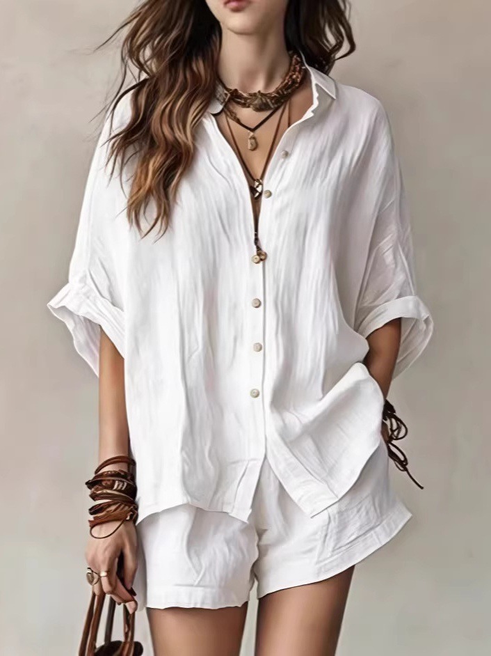 Women's Casual Two-Piece Set Loose Short Sleeve Collared Shirt and Shorts