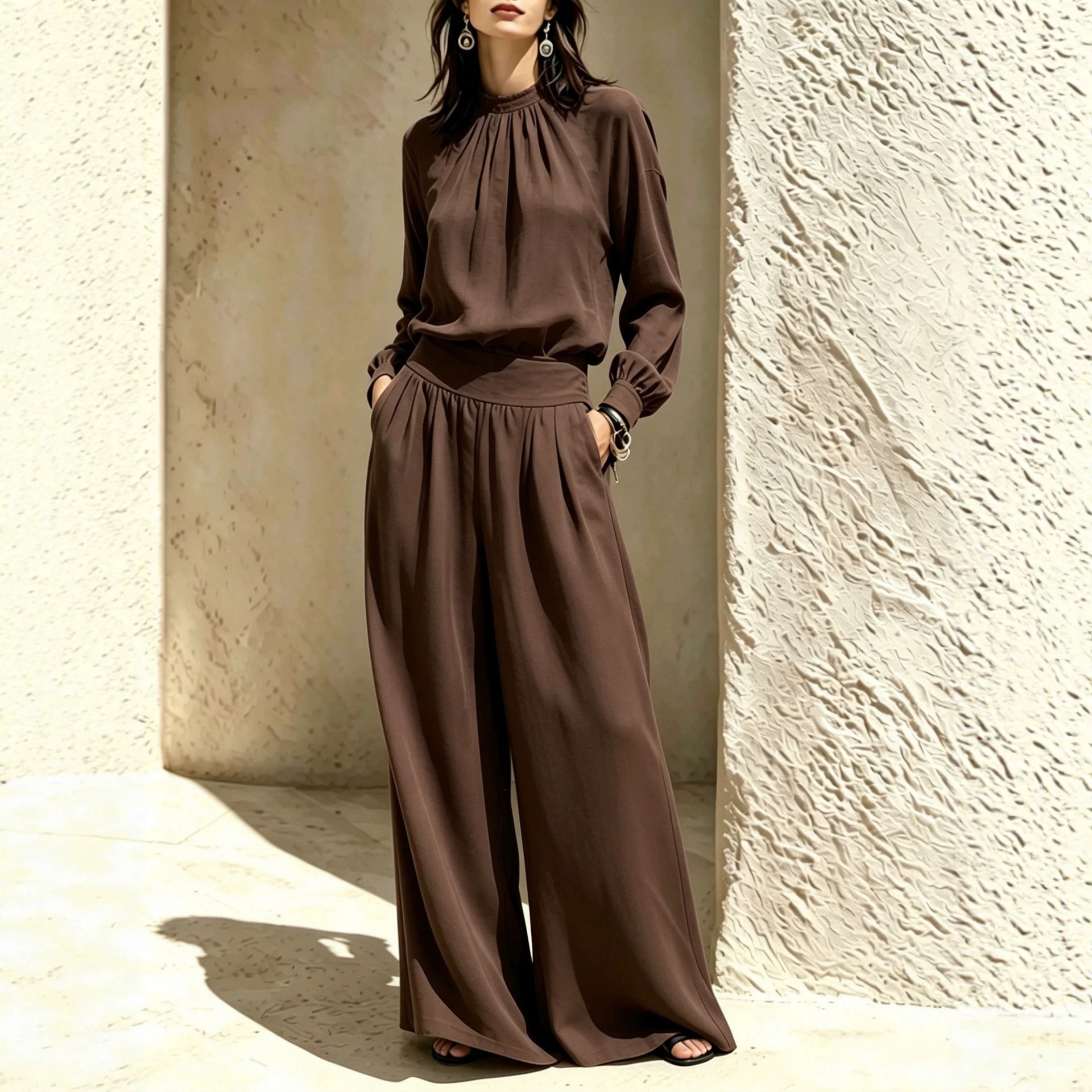 Women's Stand Collar Loose Top and Wide-Leg Pants Set