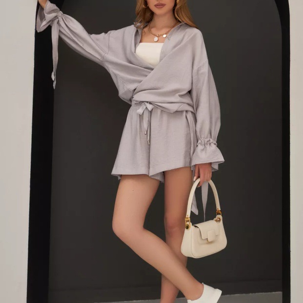Women's Long Sleeve Solid Shirt and Shorts Casual Set