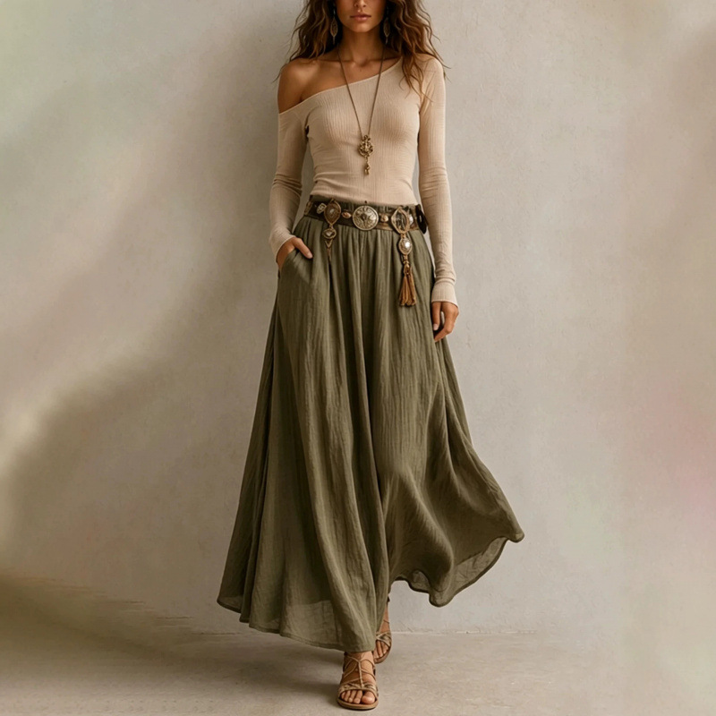 High-Waist A-Line Midi Skirt Slimming Flattering Solid Color