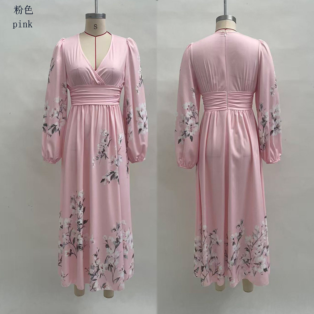 Floral Print V-Neck Pleated Long Sleeve Maxi Dress