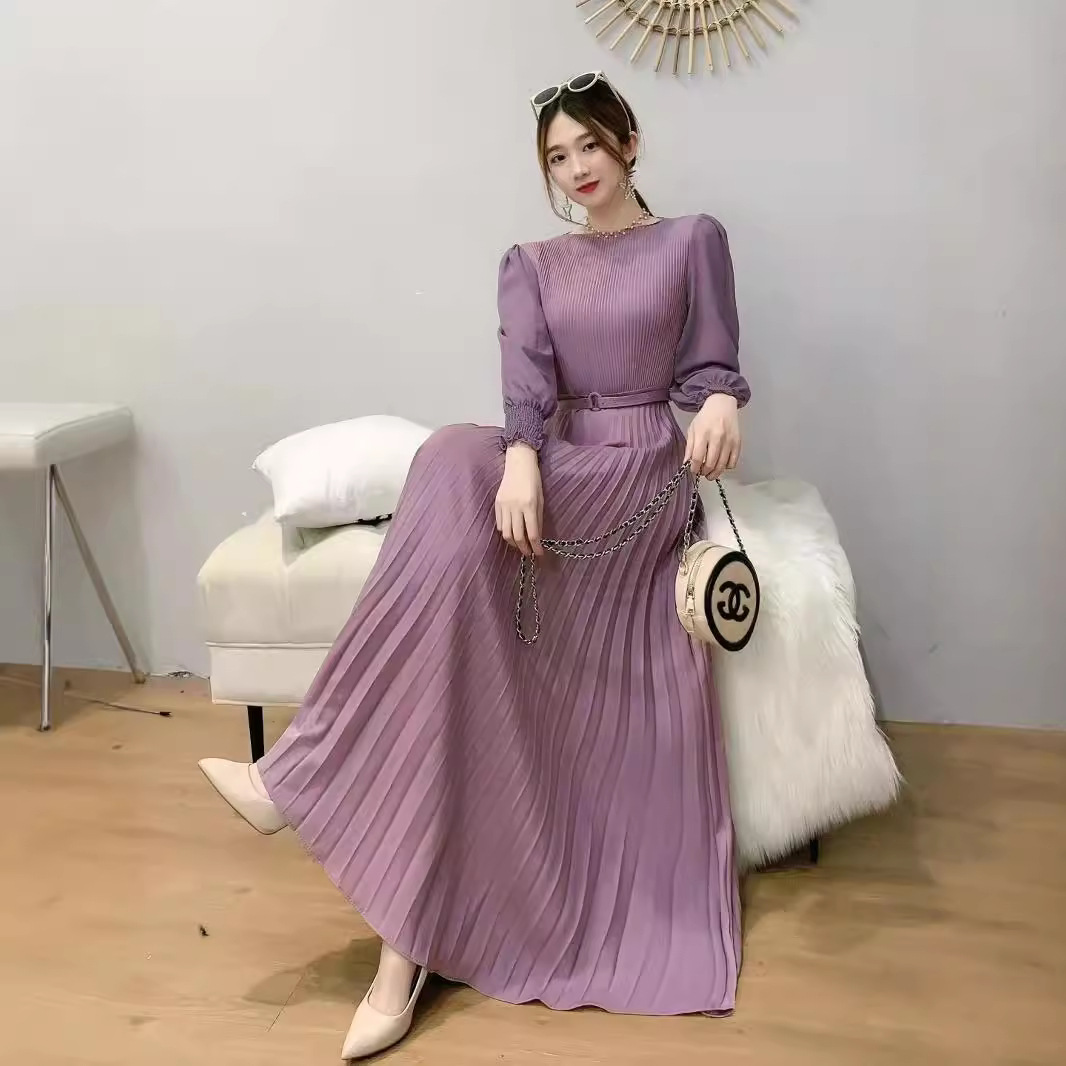 Pleated Long Sleeve Midi Dress