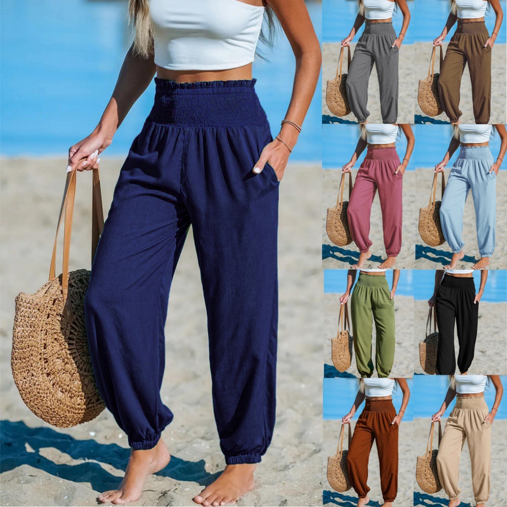 Women's Loose Fit Solid Color Elastic Waist Jogger Pants Casual Beach Trousers