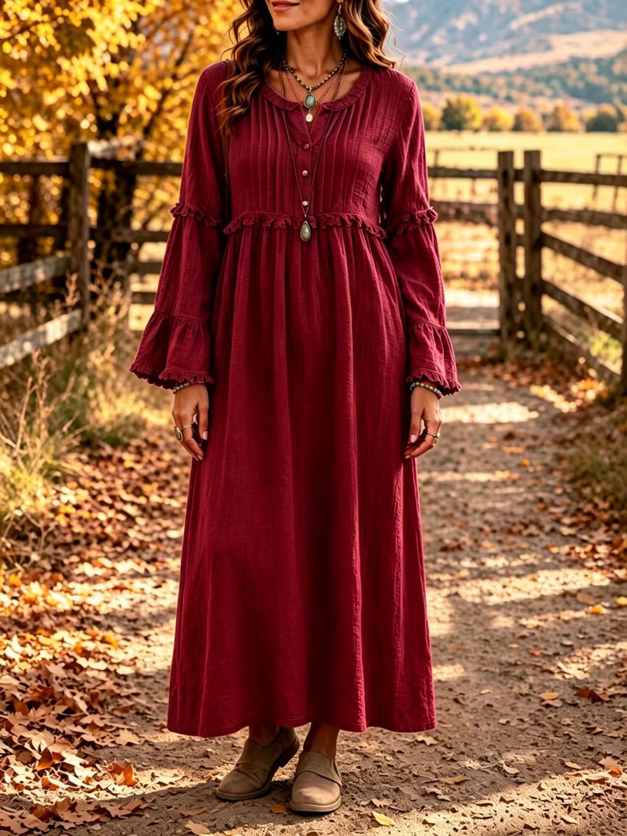 Lace Trim Fringe Button Loose Casual Dress