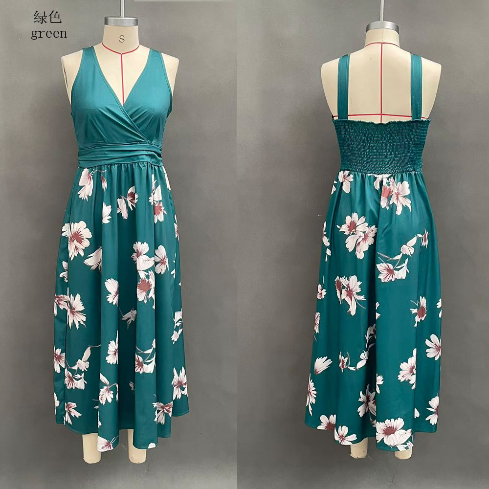 Sexy V-Neck Floral Print Sleeveless Open-Back High-Waist A-Line Maxi Dress