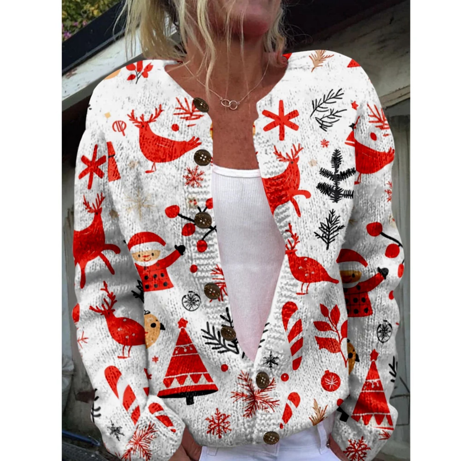 Women's Christmas Santa Print Button Cardigan Sweater