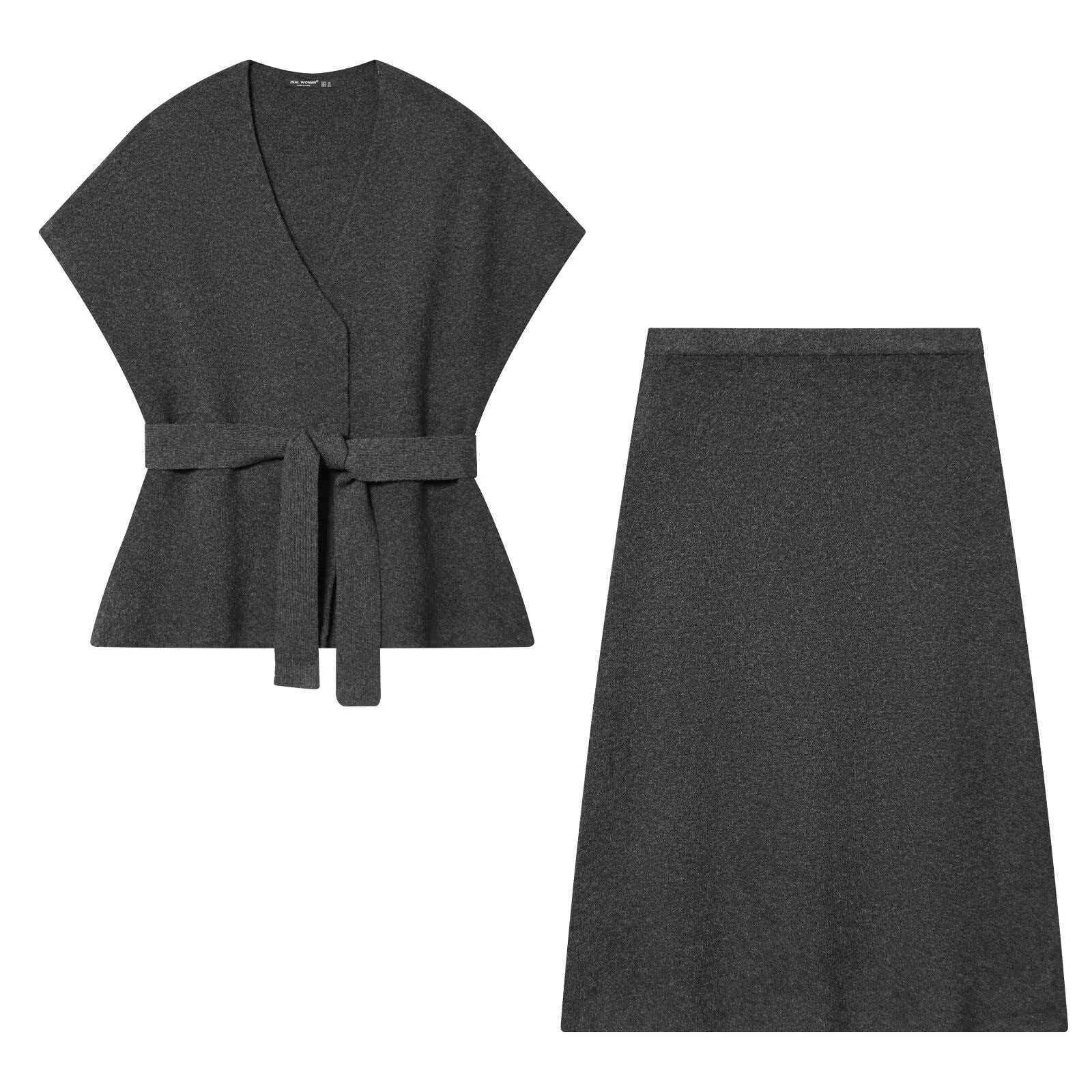 Dark Gray V-Neck Knit Two-Piece Skirt Set