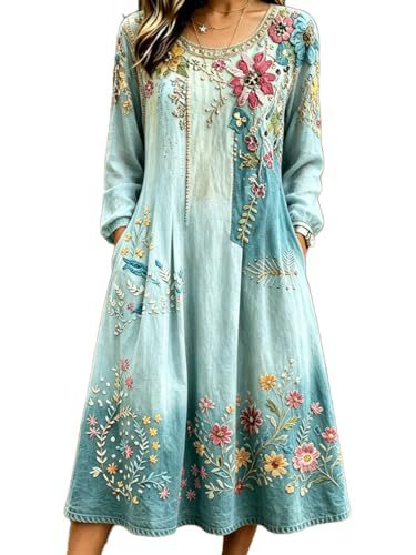 Women's Bohemian Floral Print Pleated Long Sleeve Midi Dress