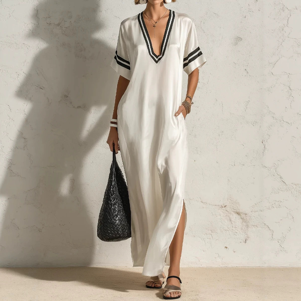 Satin Striped Deep V-Neck Short Sleeve Long Dress with Side Slit