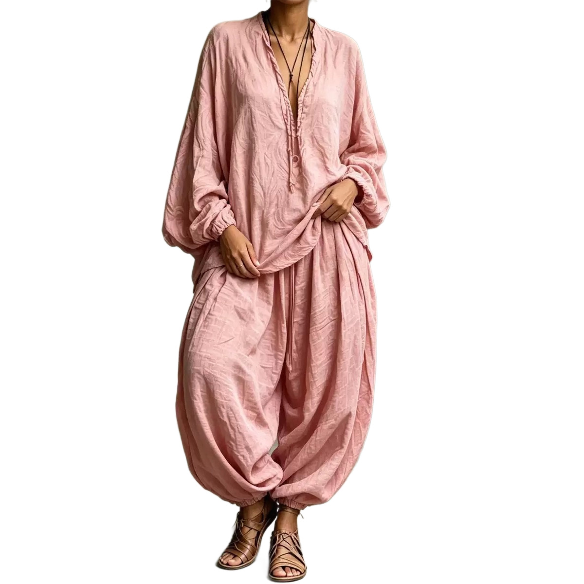 Retro V-Neck Lantern Sleeve Top and Pants Two-Piece Set
