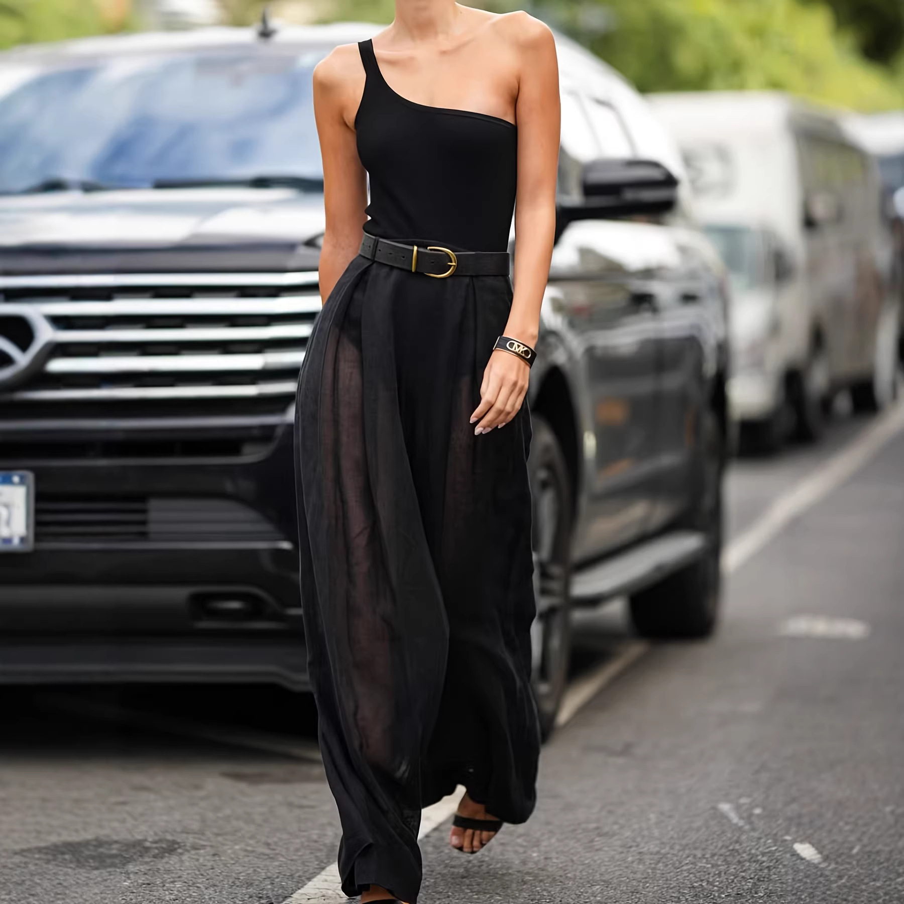 Asymmetric One-Shoulder Bodysuit & Sheer High-Waist Wide-Leg Pants Set