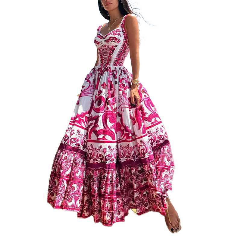 Women's Sleeveless Pleated Waist Ruffle Hem Maxi Dress