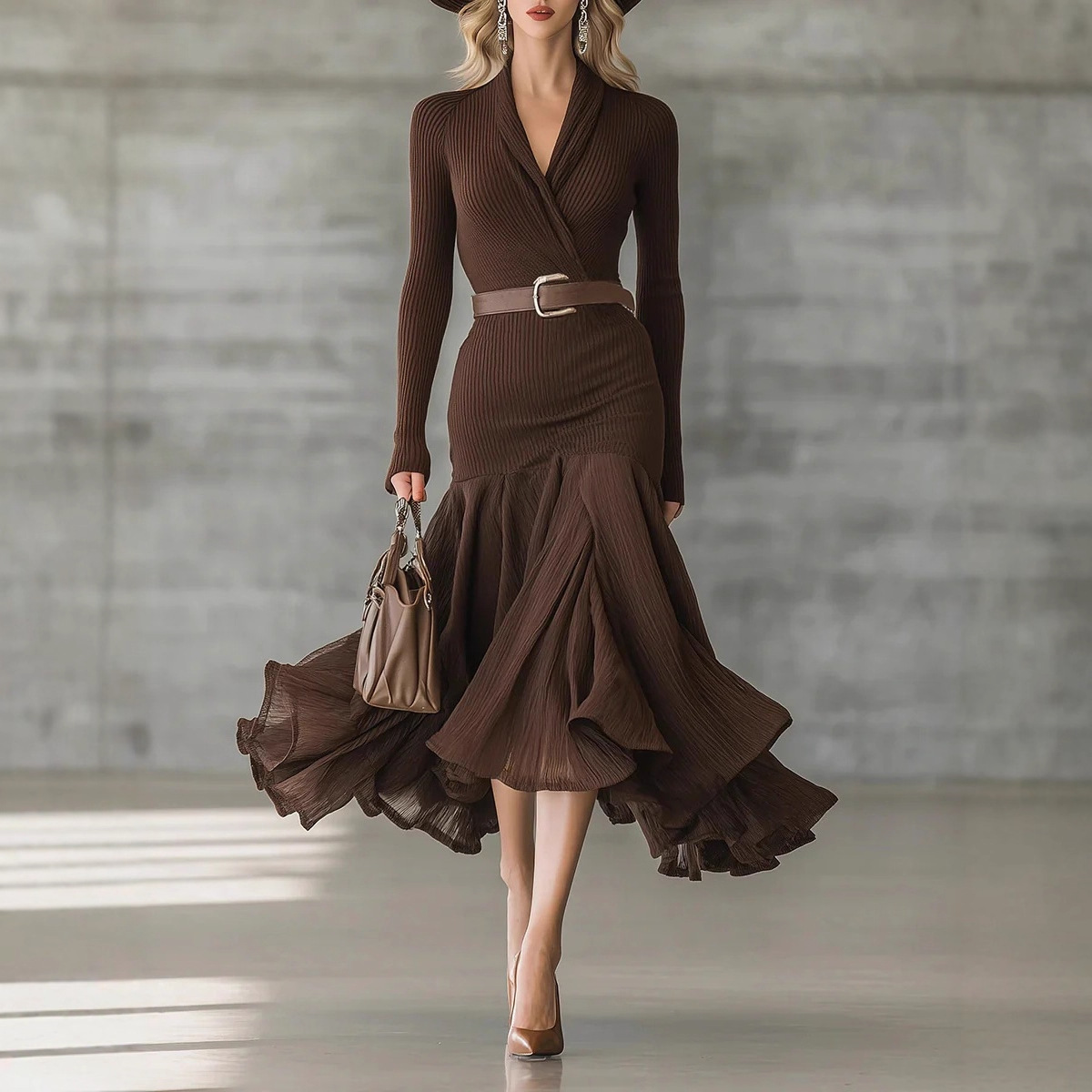 Solid Color Spliced V-Neck Long Sleeve Maxi Dress