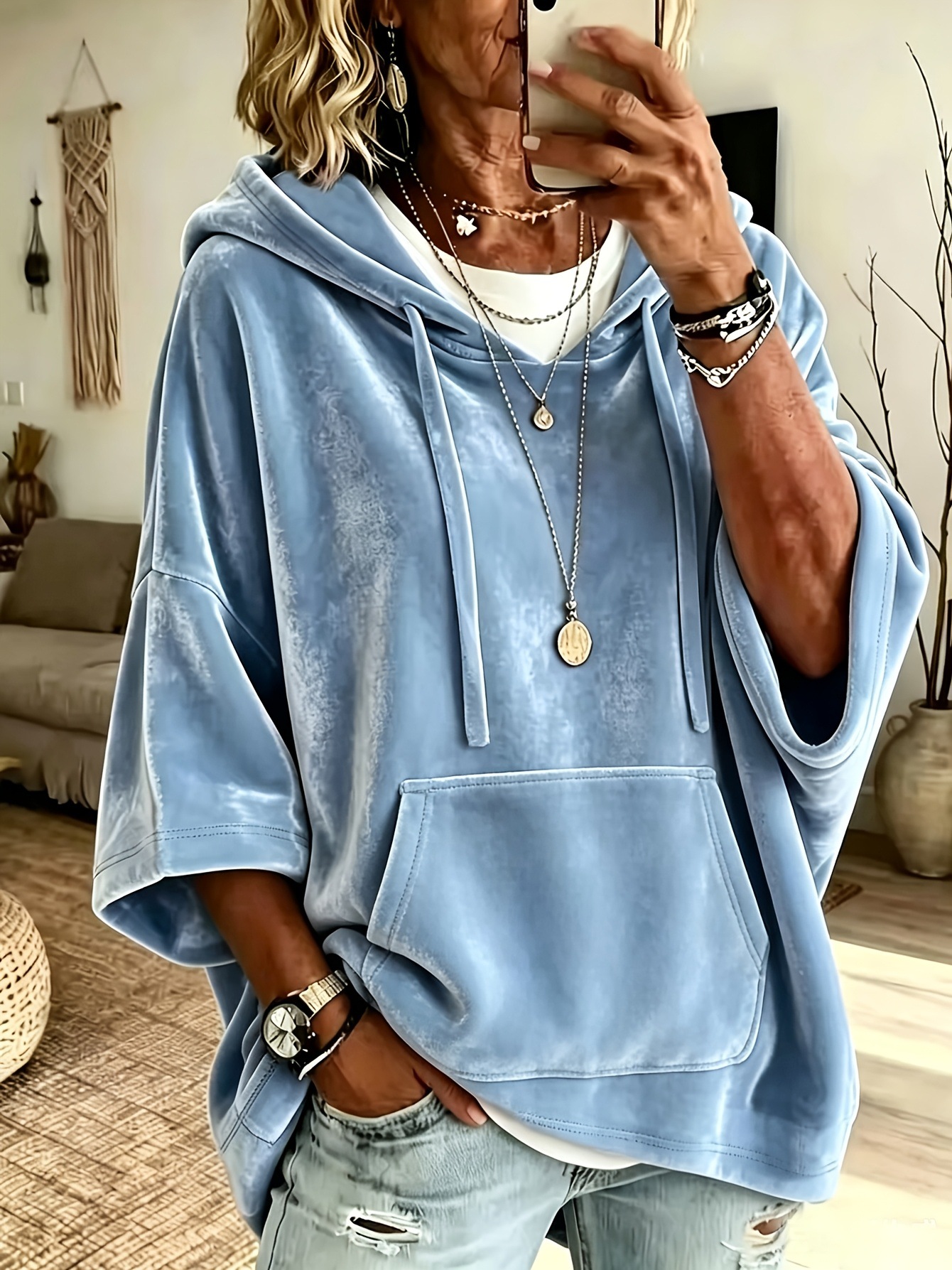 Velvet Hooded Sweatshirt Solid Color Plus Size with Pocket