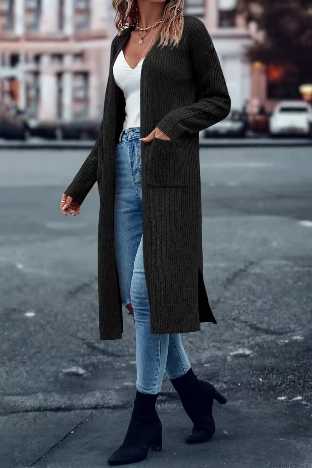 Long Slit Lazy Style Pocket Cardigan Sweater Women's Loose Knit Coat