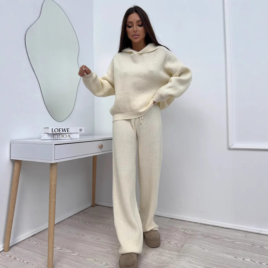 Women's Solid Color Long Sleeve Hooded Knit Top and Tie-Leg Pants Two-Piece Set