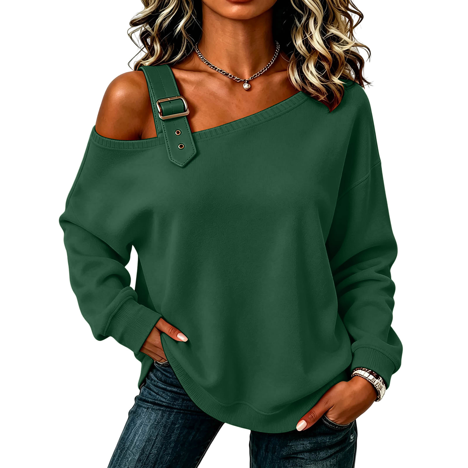 Solid Color Long Sleeve Off-Shoulder Button Hoodie